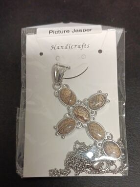 Picture Jasper 12.50 ctw Cross Pendant in Silvertone with Stainless Steel Neckla